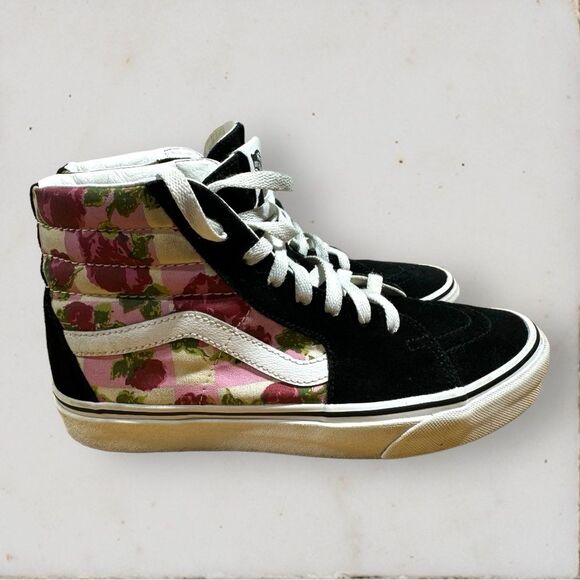 Vans SK8 Hi-Tops Shoes Y2K Womens Suede Black Floral 8.5 Rose Skater Retro - Picture 1 of 8